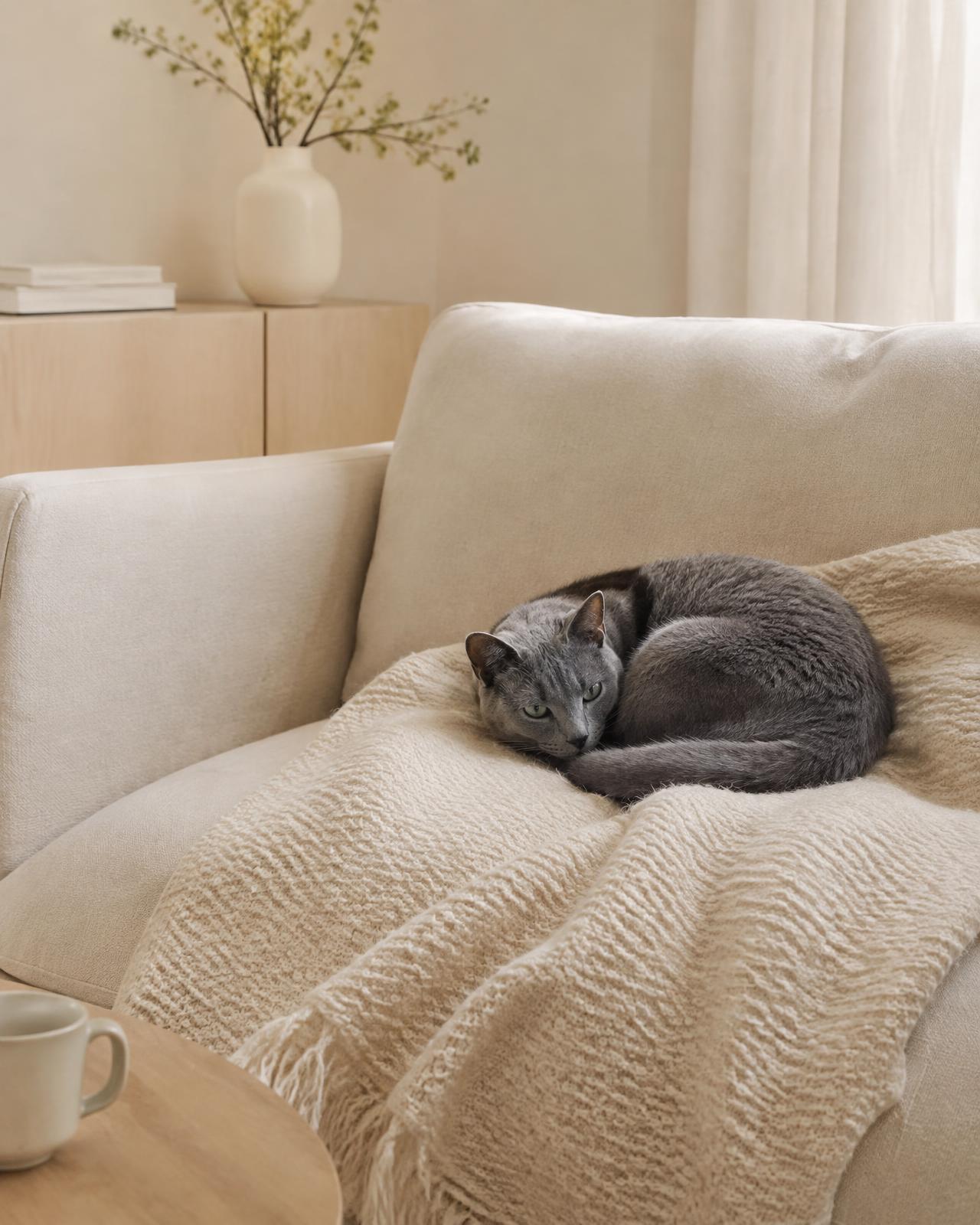 A grey cat curled on a wool blanket on a beige sofa