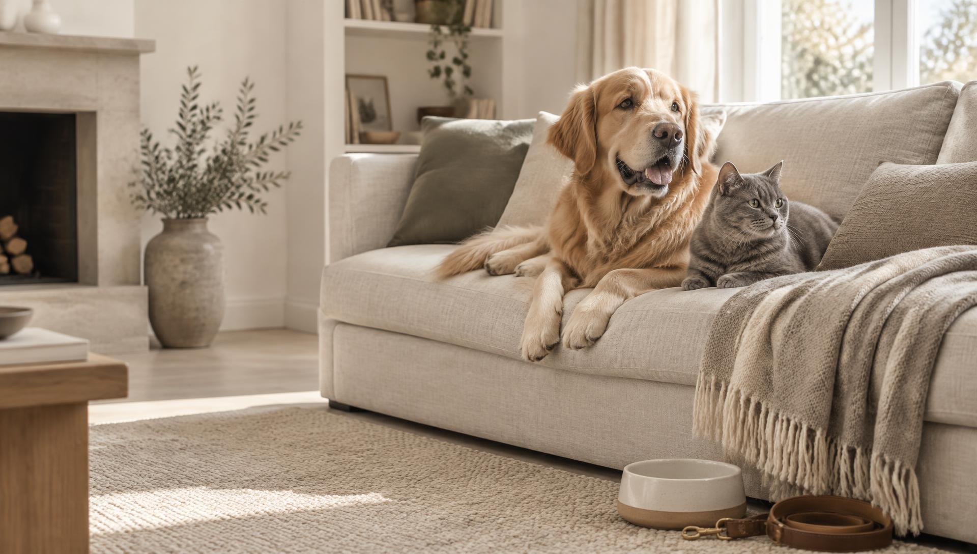A golden retriever and a grey cat resting together on a linen sofa in a bright living room