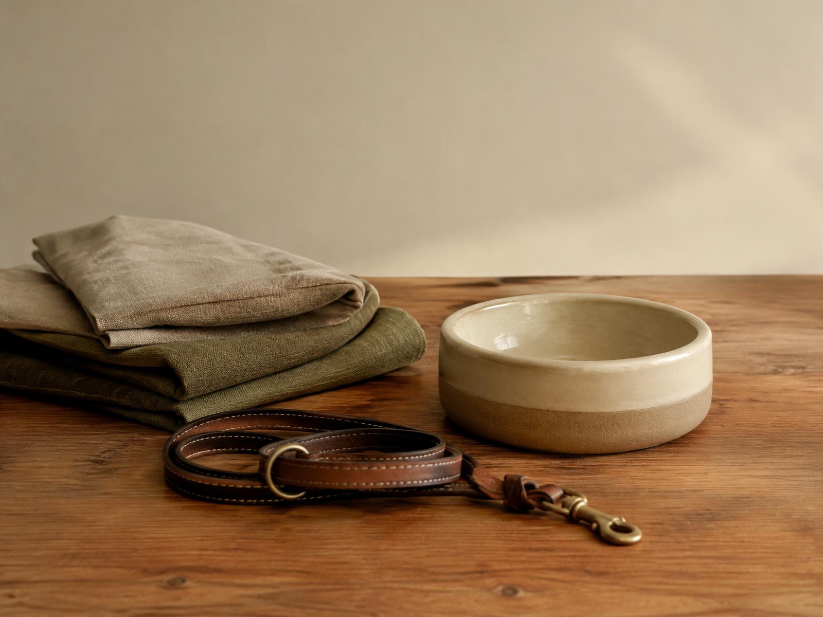 Folded linen, a ceramic bowl and a leather leash on an oak table